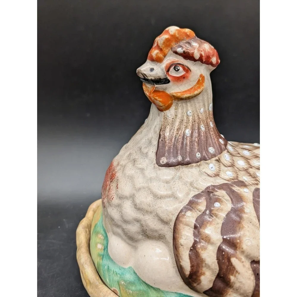 Antique Staffordshire Ceramic Hen on Nest Covered Dish Hand Painted As Is 6